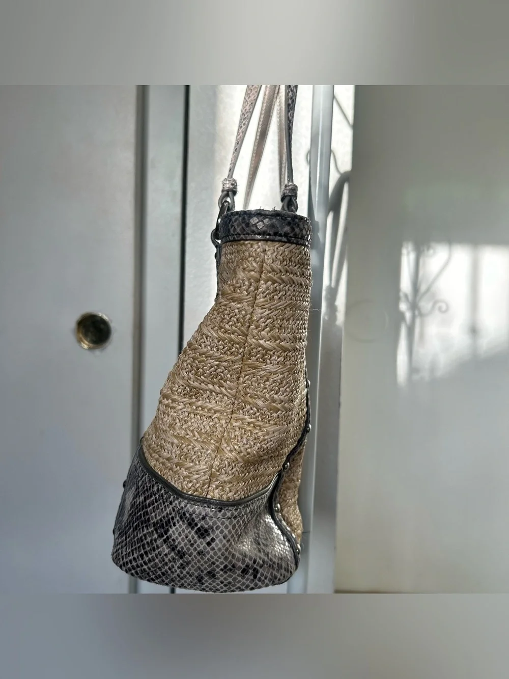 COACH EUC Alexandra straw tote with python leather trim